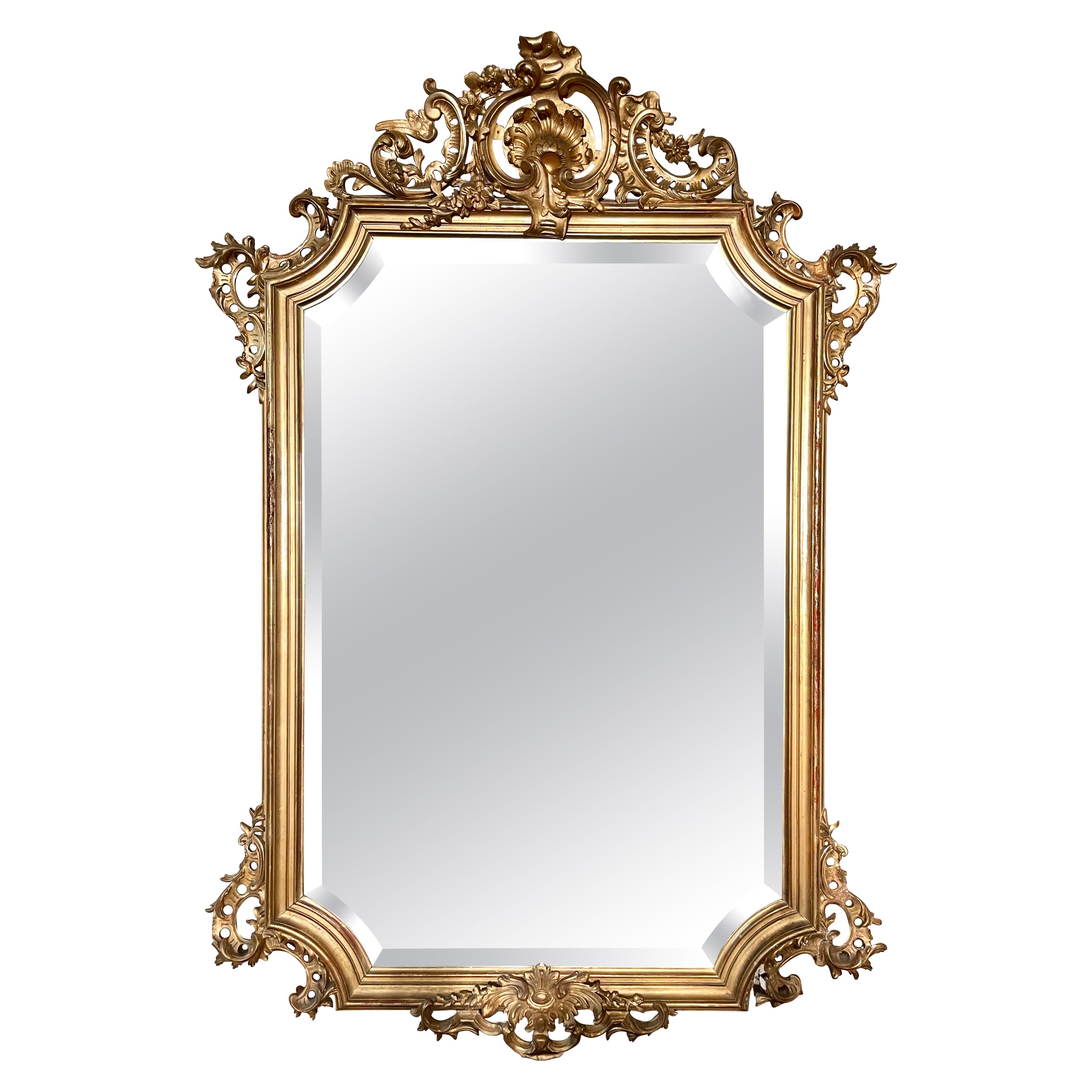 Antique French Carved Giltwood Mirror with Beveling, Circa 1860.