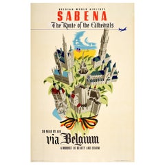 Original Vintage Airline Travel Poster Sabena Belgium Route Of The Cathedrals