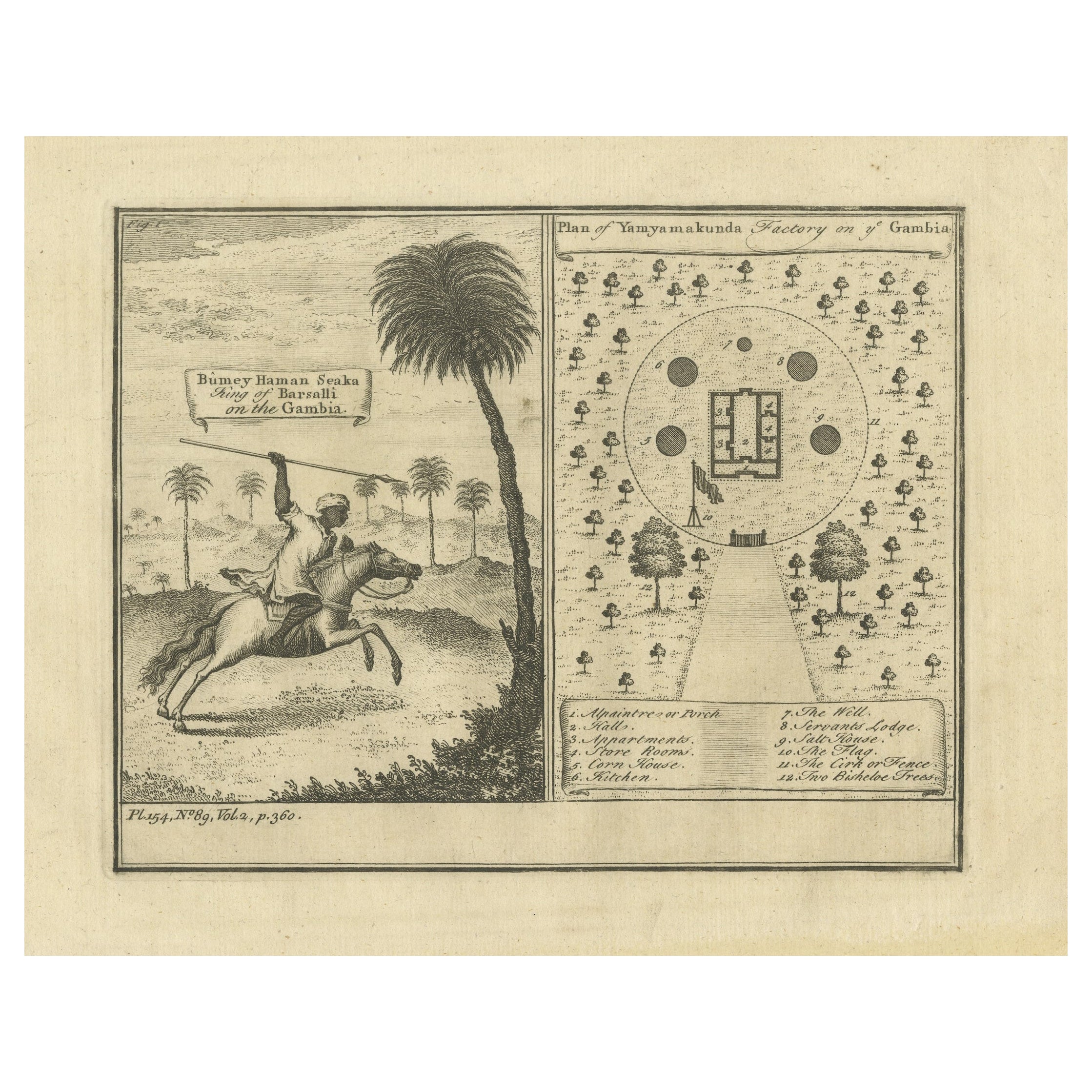 Antique Print of the King of Barsalli & the Yamyamakunda Factory, Gambia, C1730