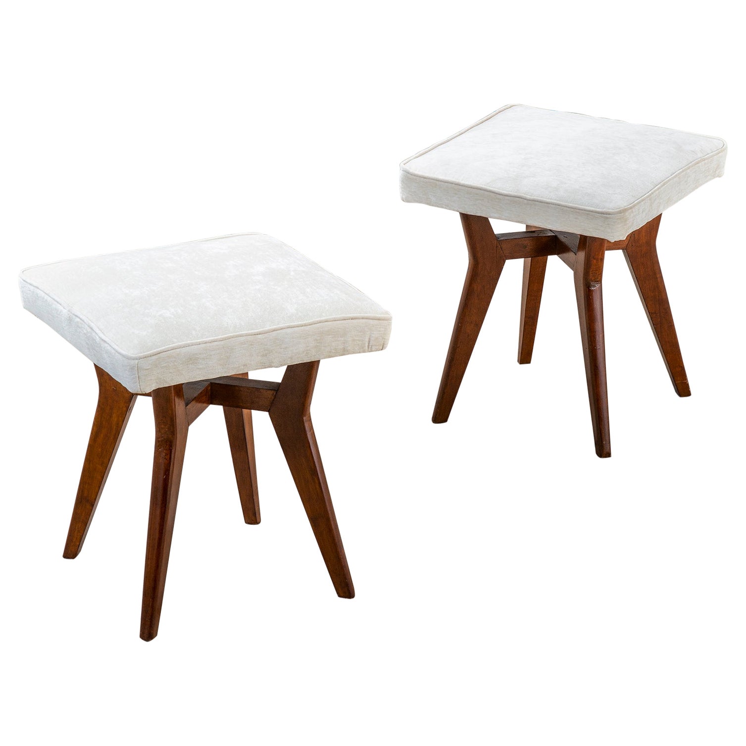 20th Century Pair of Ottomans in the style of Ico Parisi in Wood and Fabric For Sale