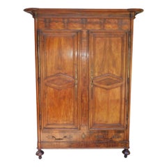 Antique French Burl Walnut Book Matched Hinged Armoire with Original Bun Feet, C. 1790 