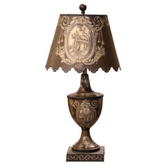 Vintage Italian Tole Metal Painted Table Lamp with Farm Scene Decor
