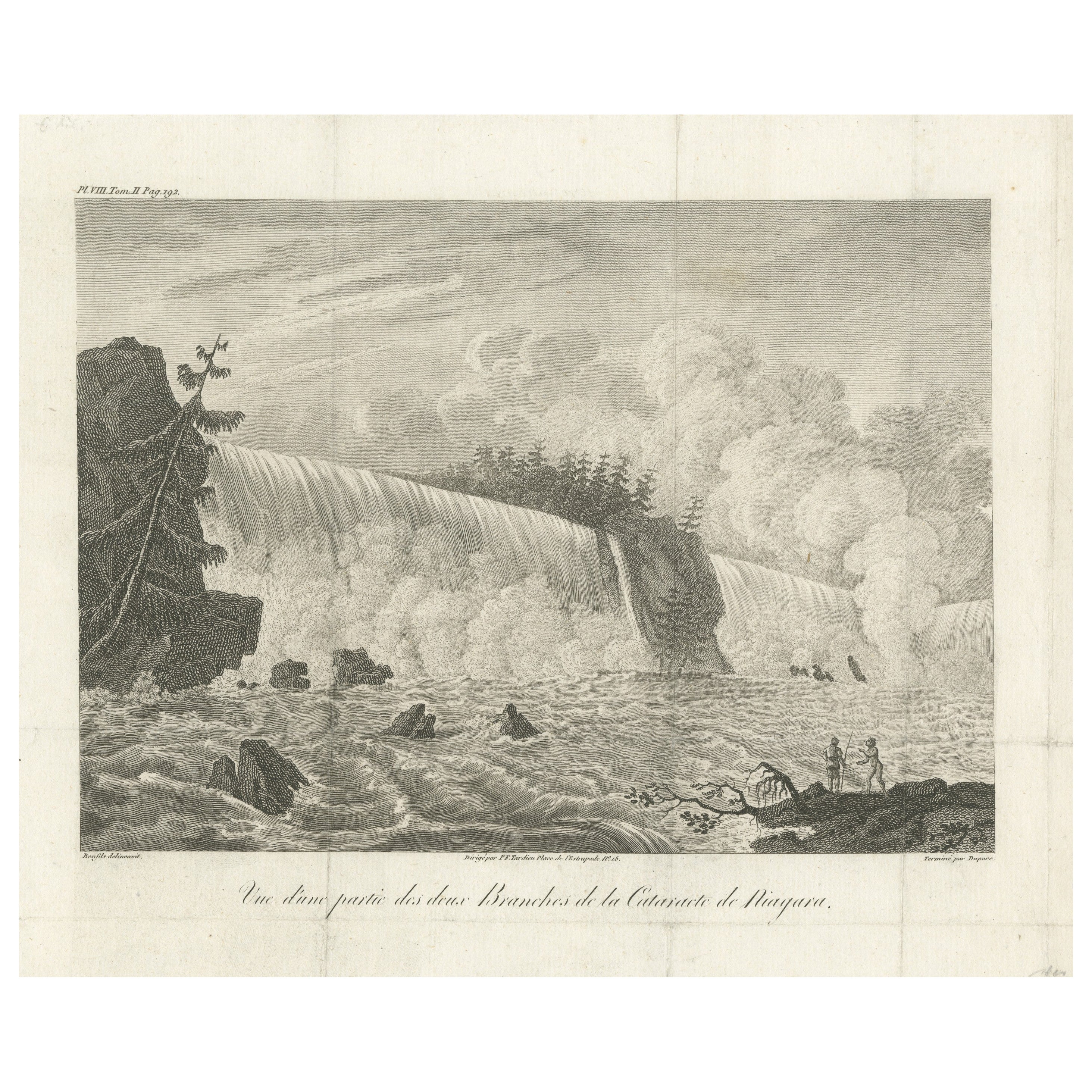 Rare gravure française des chutes d'eau du Niagara en Ontario, Canada, 1801