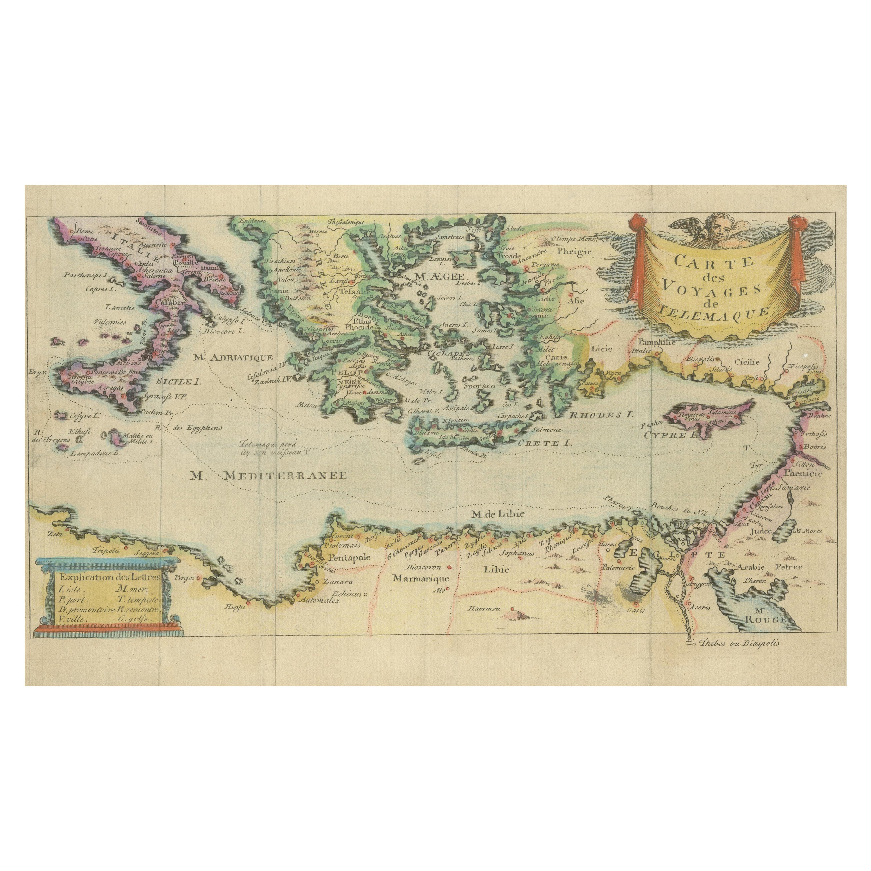 Antique Map of the Mediterranean, Telemachus' Journey, Publ. Early 18th Century