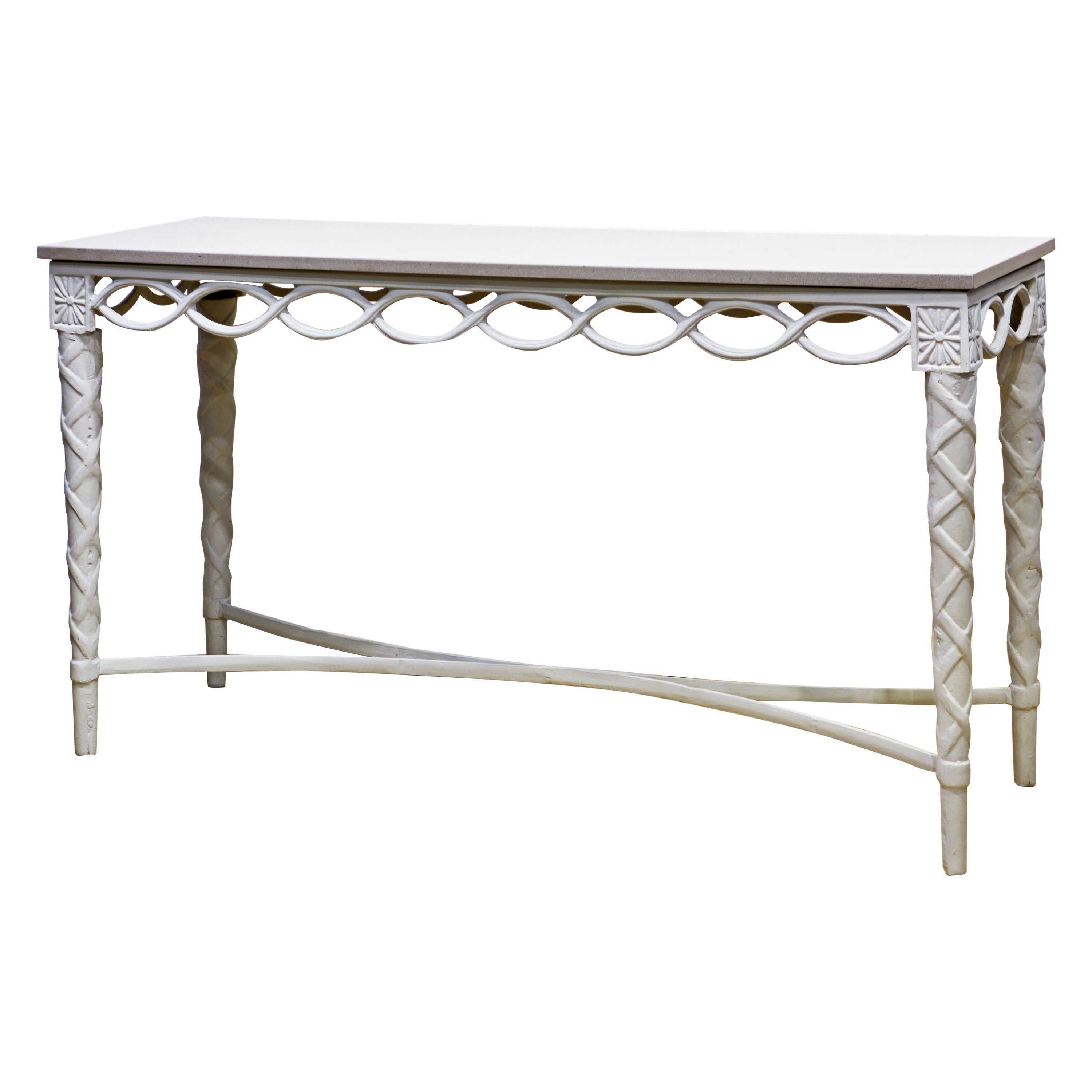 Louis XVI Style Inspired Painted Metal Gray Stone Top Console Table, 20th C. For Sale