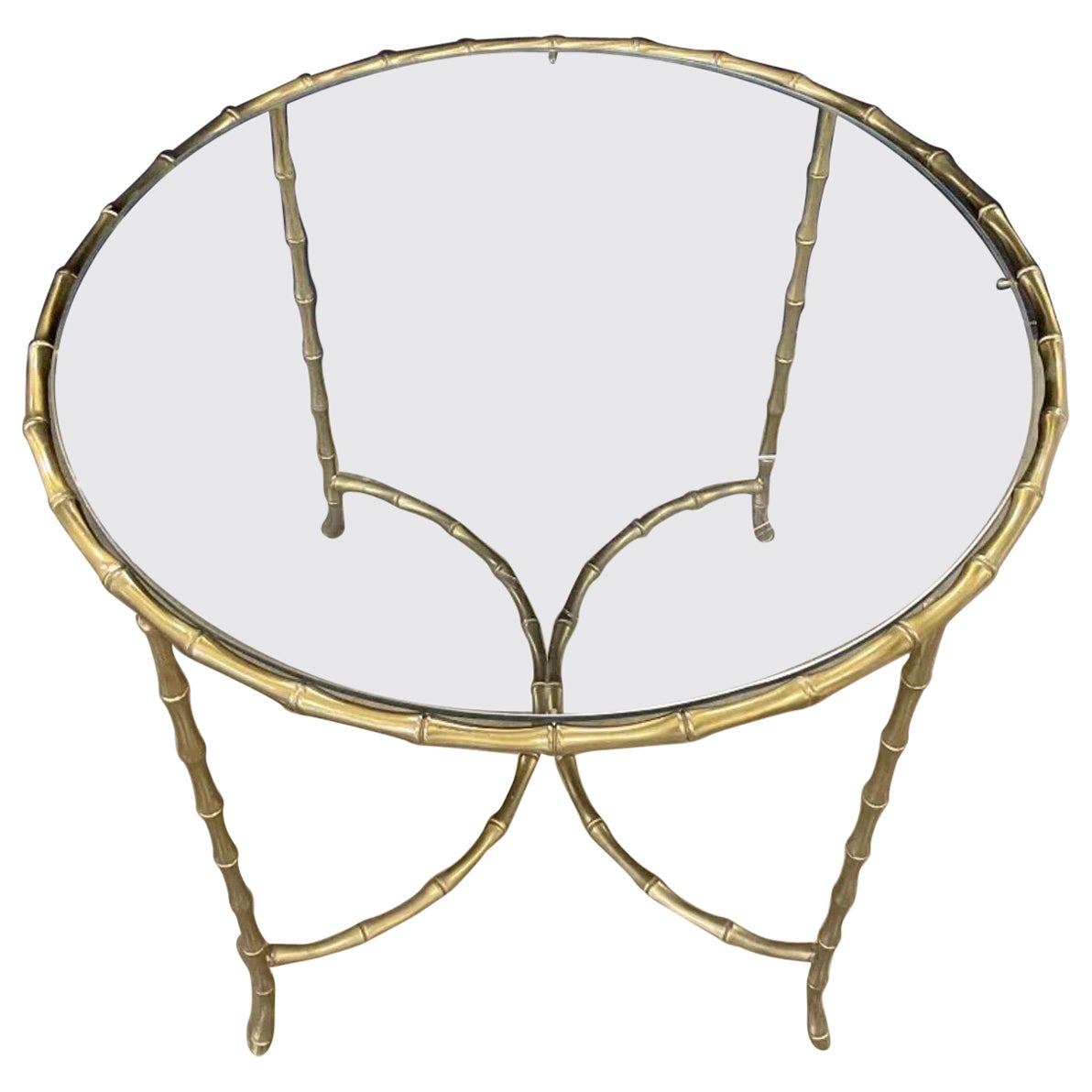 Table basse ronde en verre et laiton bronze Maison Bagus, de style moderne du milieu du siècle dernier en vente