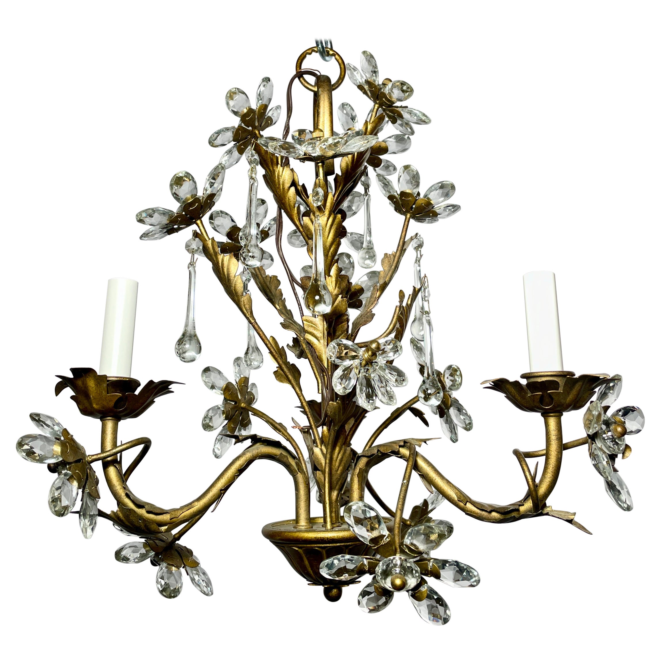 Antique French Crystal Flowers and Wrought Iron Chandelier, Circa 1900 For Sale