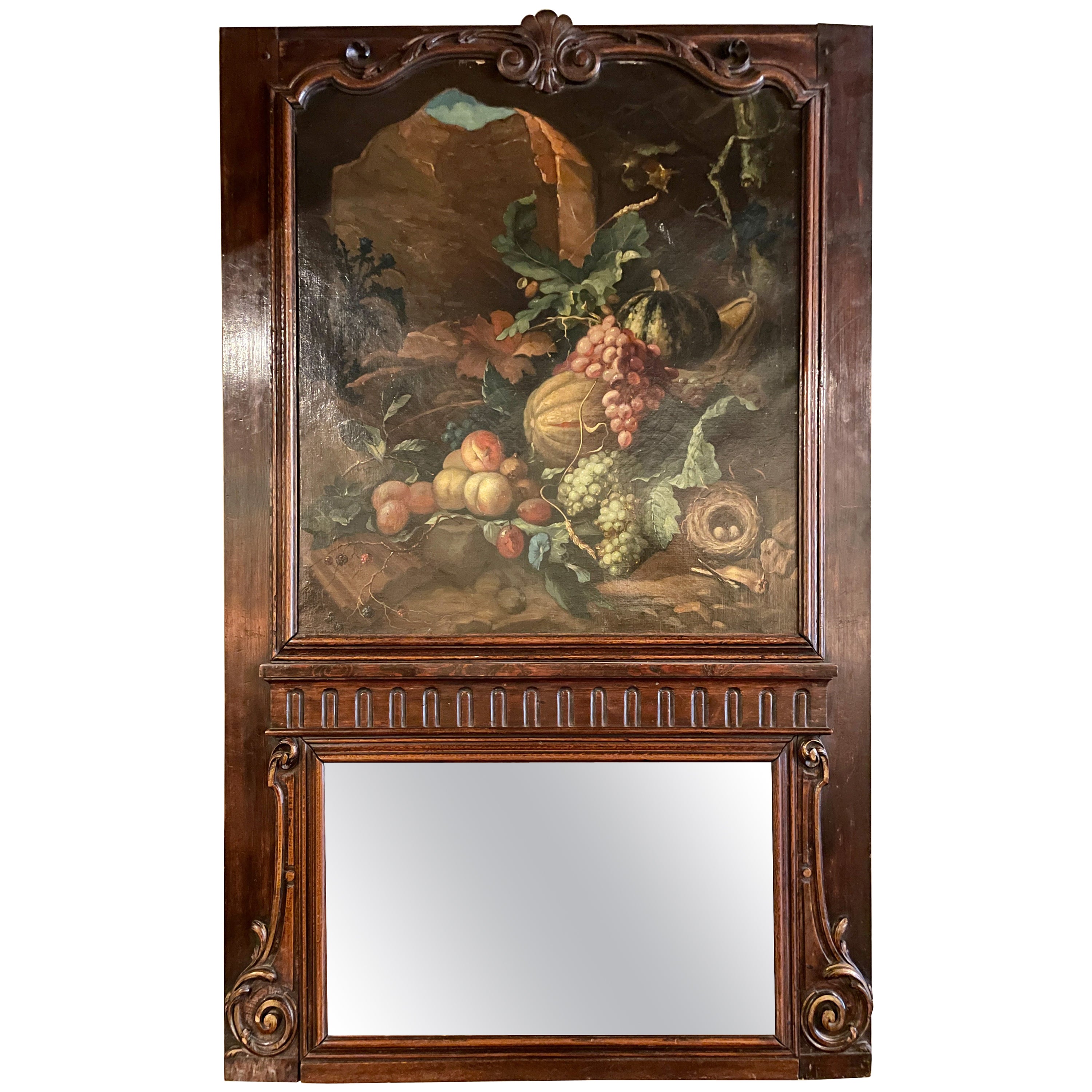 Miroir Trumeau ancien en bois sculpté avec peinture de nature morte, vers les années 1880