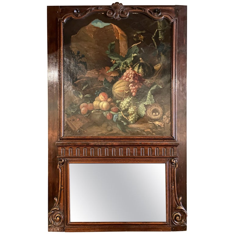 Antique Carved Wood Trumeau Mirror with Still-Life Painting, Circa 1880's  For Sale at 1stDibs
