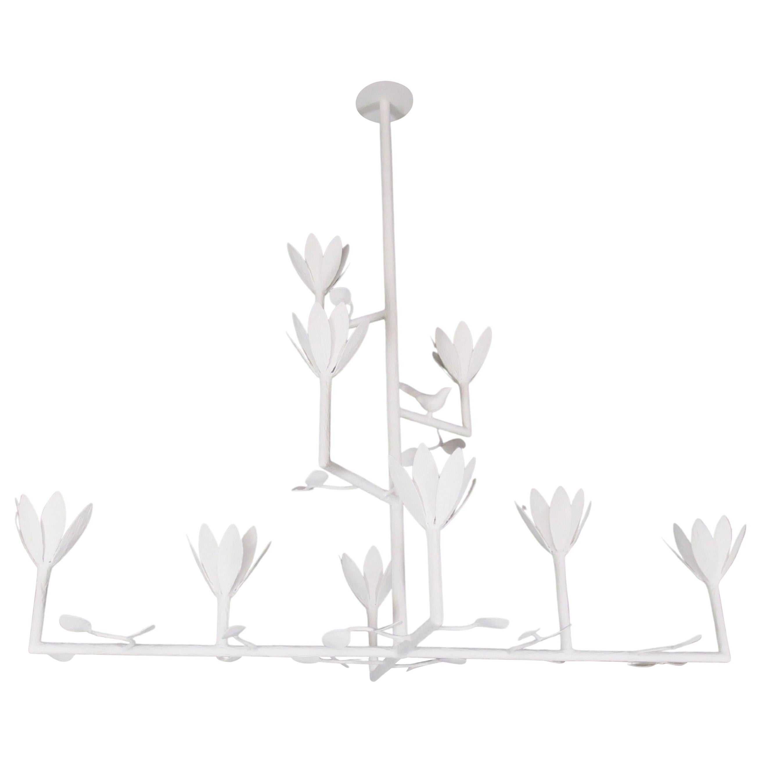 9 Bloom Cross Bar Plaster Chandelier with a Bird and Leaves For Sale