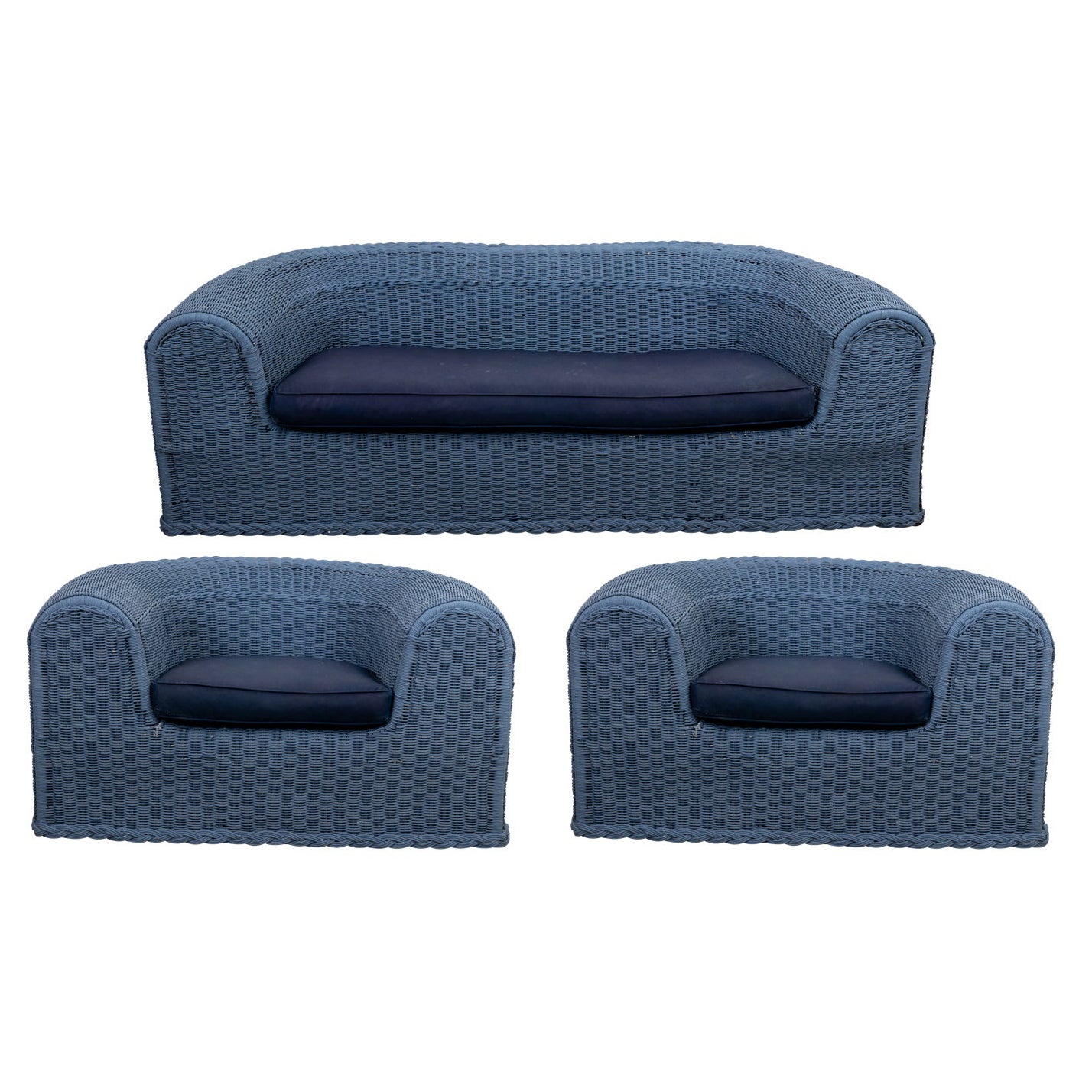 Three Piece Blue Painted Wicker Settee with Two Chairs For Sale