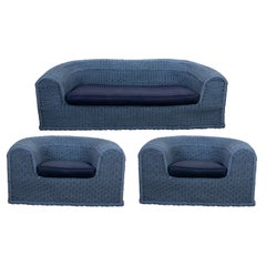Three Piece Blue Painted Wicker Settee with Two Chairs