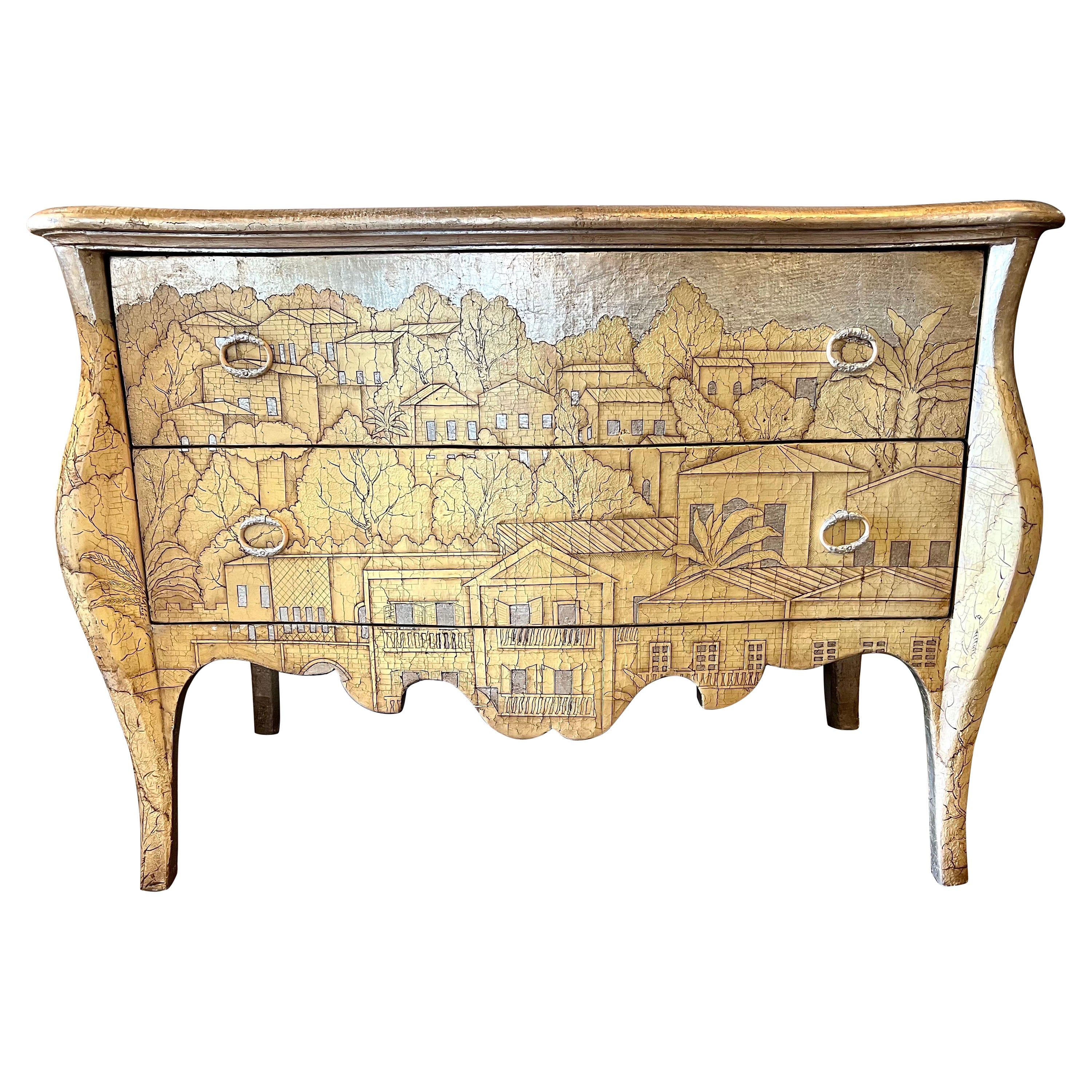 Theodore Alexander Carved Silver Leaf Bombay Chest Commode