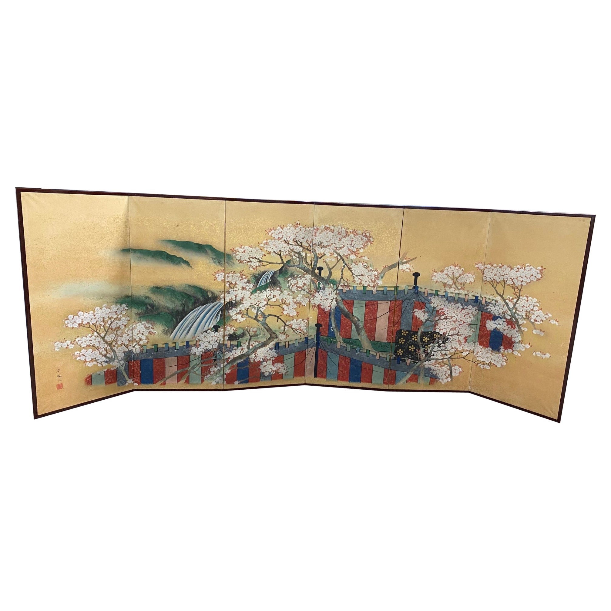 Japanese Asian Signed Six-Panel Folding Byobu Screen Cherry Blossom Pavillion