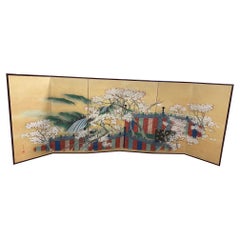 Retro Japanese Asian Signed Six-Panel Folding Byobu Screen Cherry Blossom Pavillion