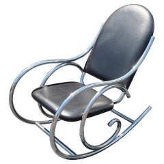 Vintage Thonet Style Chrome Rocking Chair W/ Black Naugahyde Upholstery