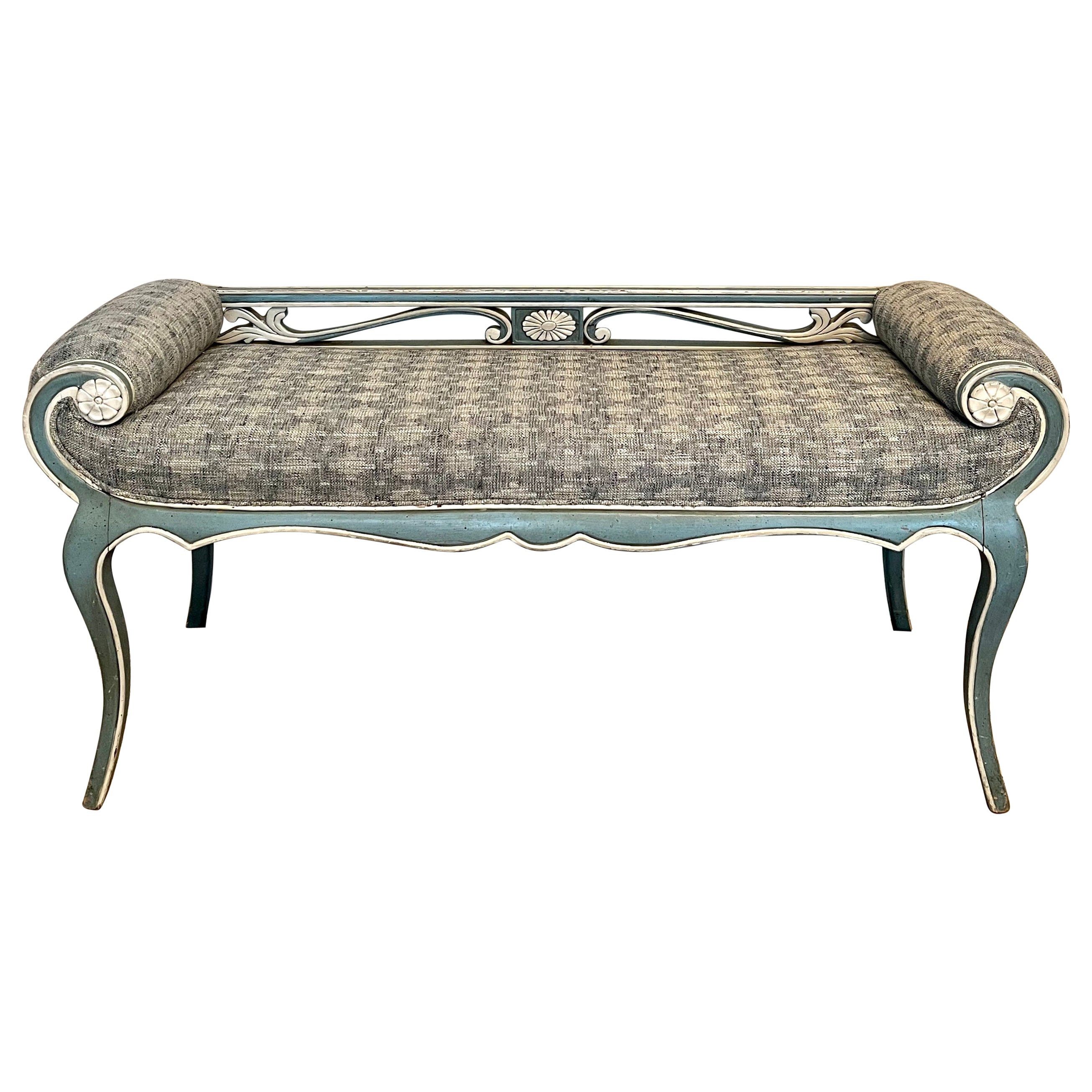 Swedish Style Bench with Swedish Blue and White Trim Frame and Curved Arms