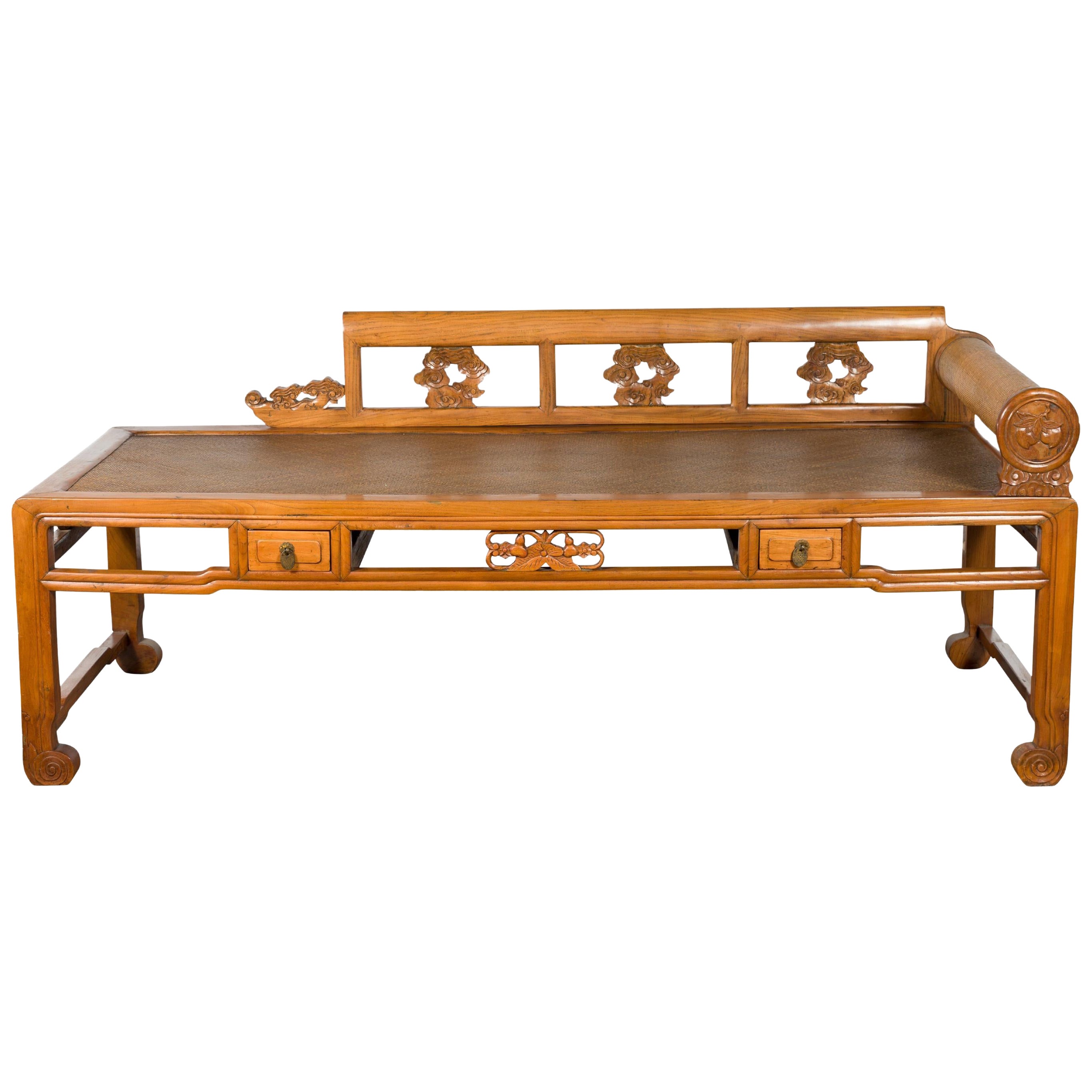 Qing Dynasty 19th Century Lady's Opium Daybed with Rattan Seat and Pillow