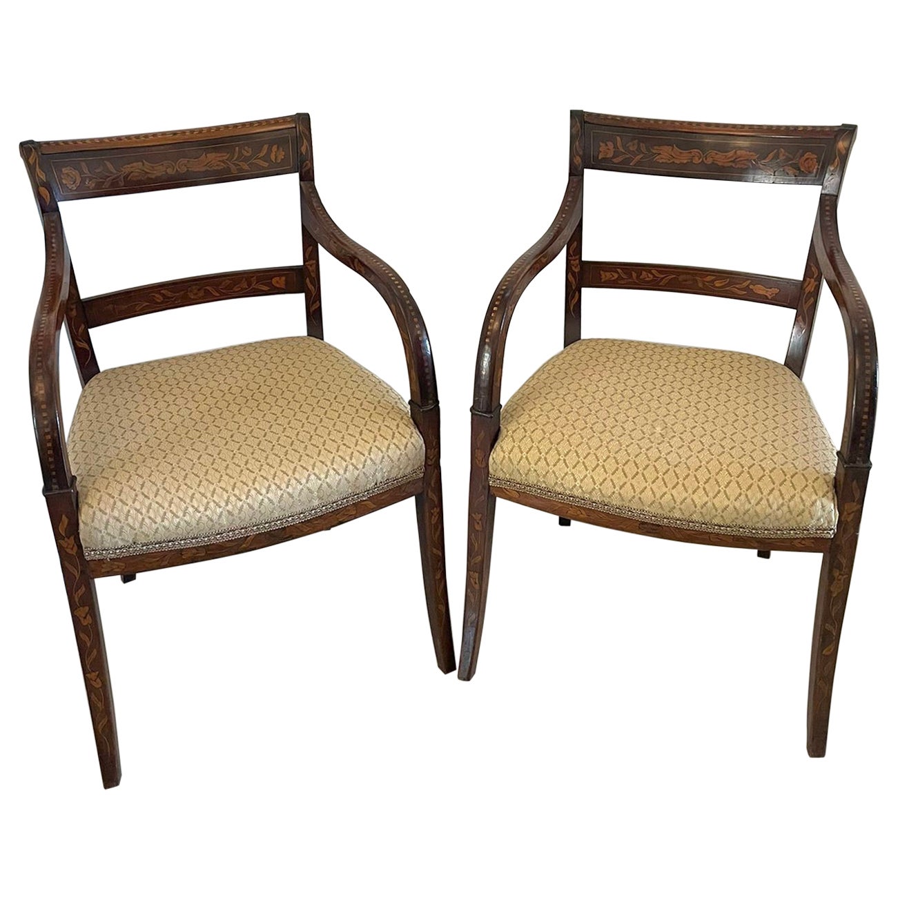 Fine Pair of Antique Regency Quality Floral Marquetry Inlaid Desk Chairs 