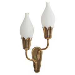 Fog & Mørup, "Tulip" Wall Light, Brass, Milk Glass, Denmark, c. 1950s