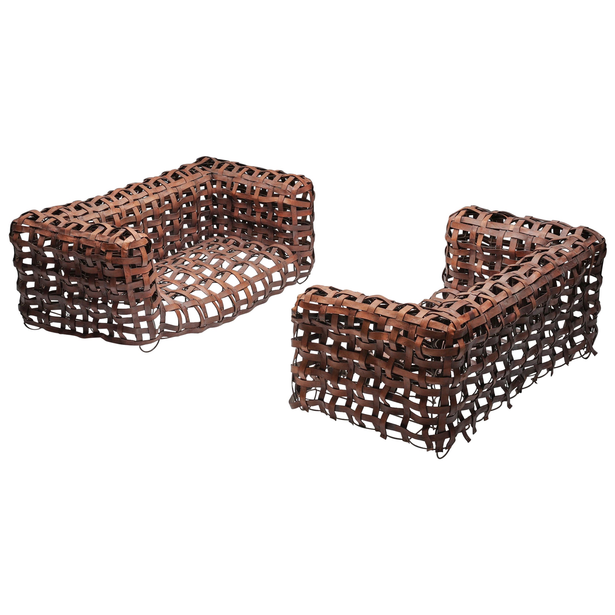 Sculptural Woven Leather Sofa, Metal Frame, UK, 1950s For Sale