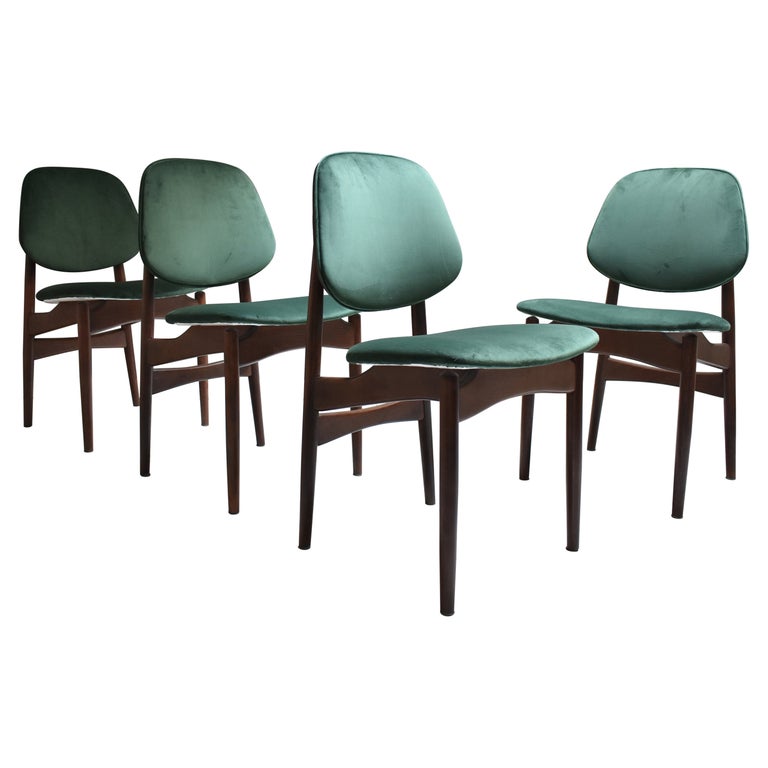  Set of 4 Dining Chairs, 1960 Wooden Frame Upholstery in Green Velvet For Sale