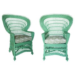 Pair of 1970s Spanish Green Woven Wicker Armchairs