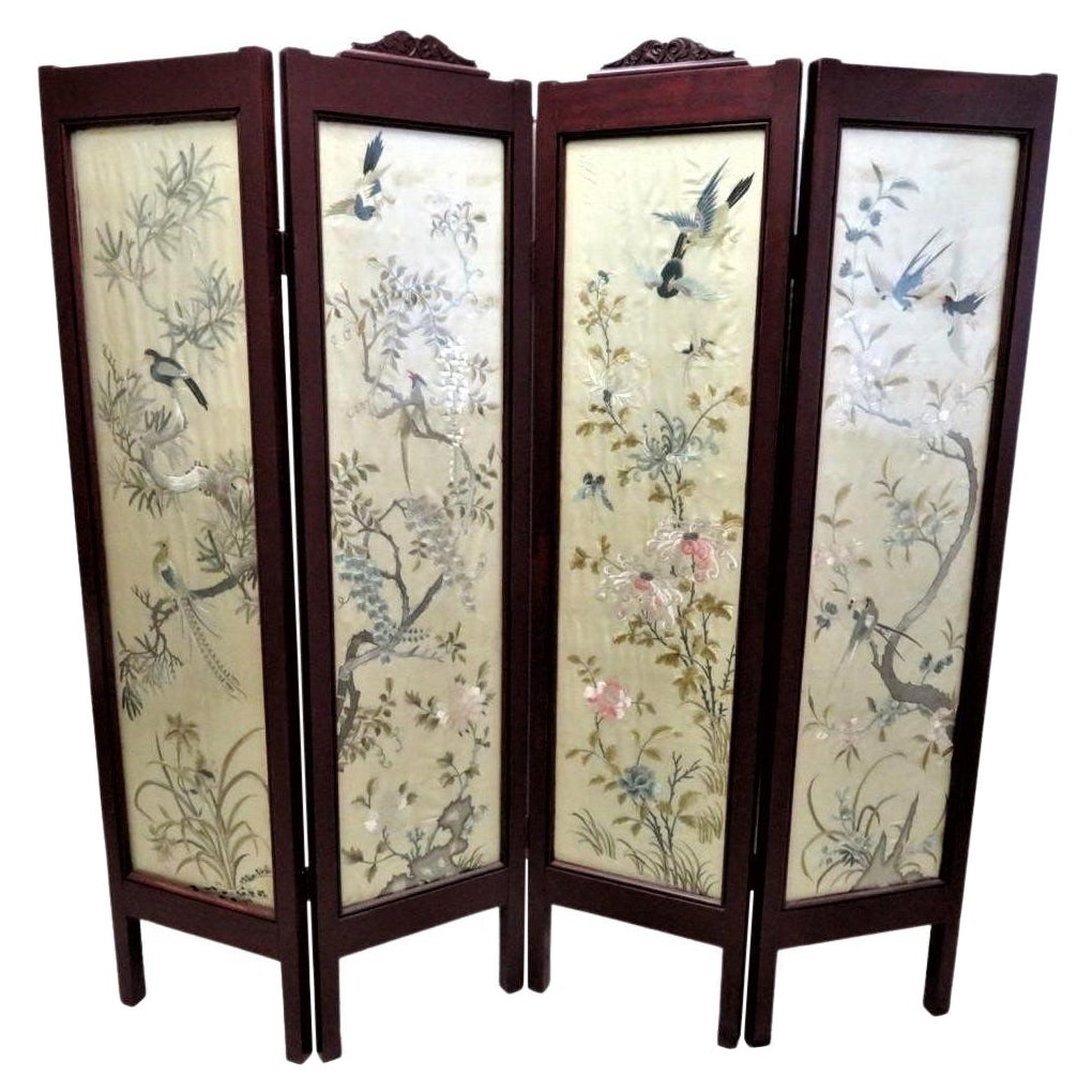 Chinese Silk Embroidered Screen or Room Divider Believed to Be Late Qing Dynasty For Sale