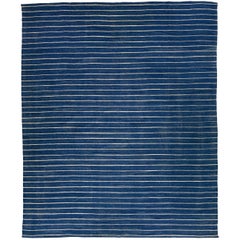 Modern Kilim Flat-Weave Navy Blue Oversize Wool Rug with Stripe Pattern