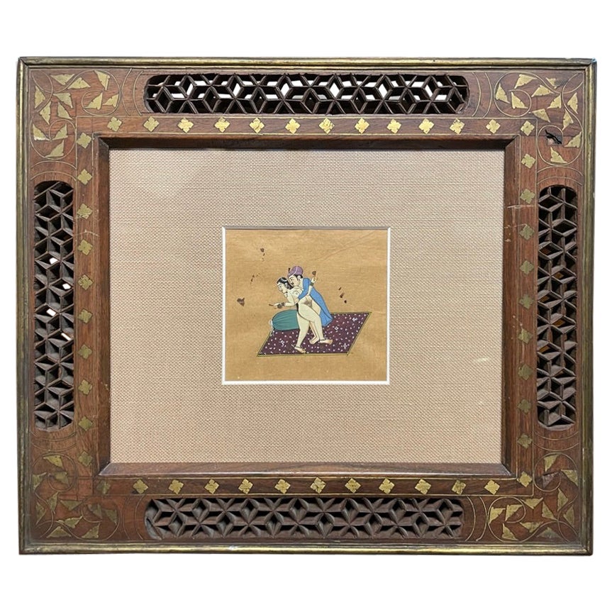 19th Century Indian Erotic Kama Sutra Tantric Gouache in Inlaid Fretwork Frame
