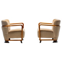 Streamlined Art Deco Bentwood Lounge Chairs in Palomino Cream Shearling 