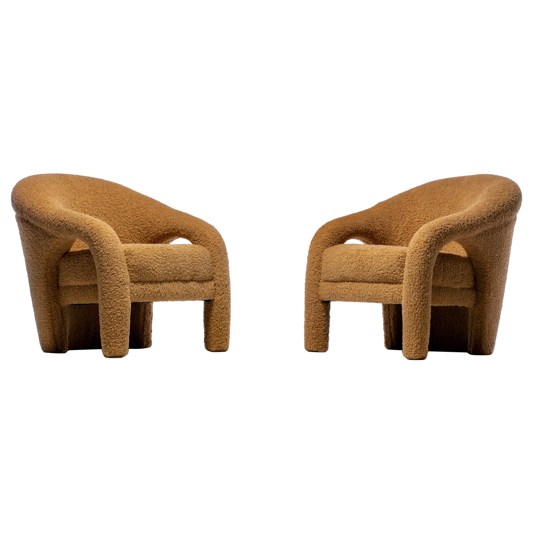 Pair of Weiman Post Modern Lounge Chairs Newly Upholstered in Latte Bouclé