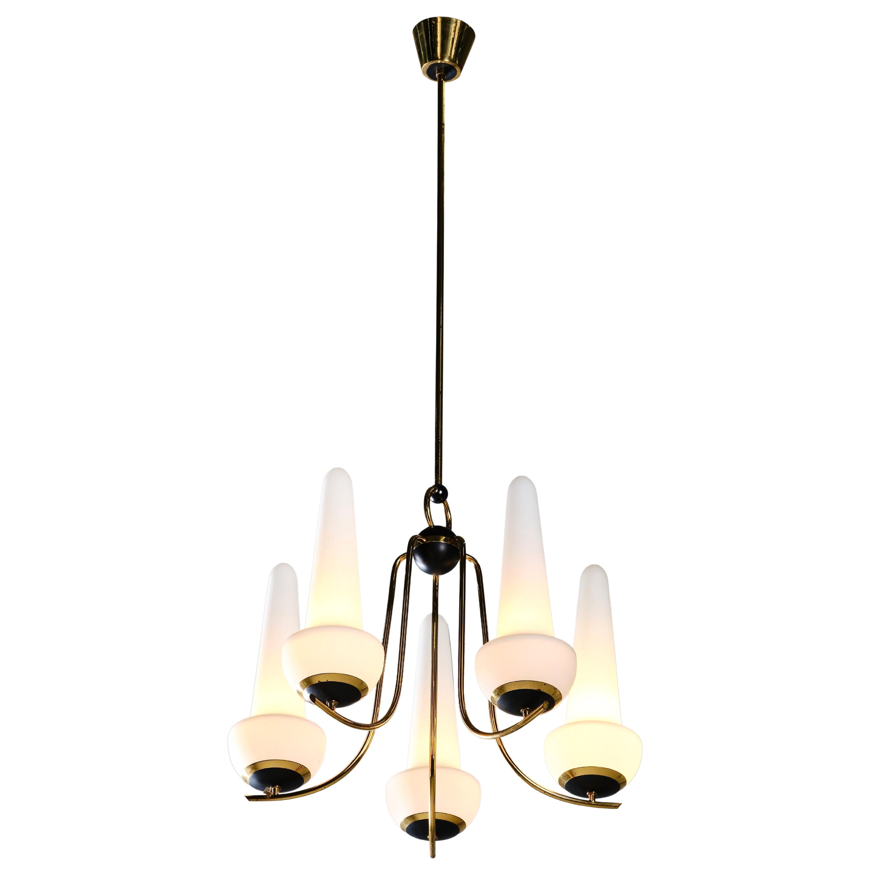 Five Lights Chandelier in Opaline Glass and Brass For Sale