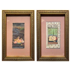 Antique Pair Indian Erotic Kama Sutra Tantric Gouache Paintings in Giltwood Frames