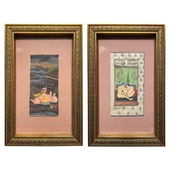 Pair Indian Erotic Kama Sutra Tantric Gouache Paintings in Giltwood Frames