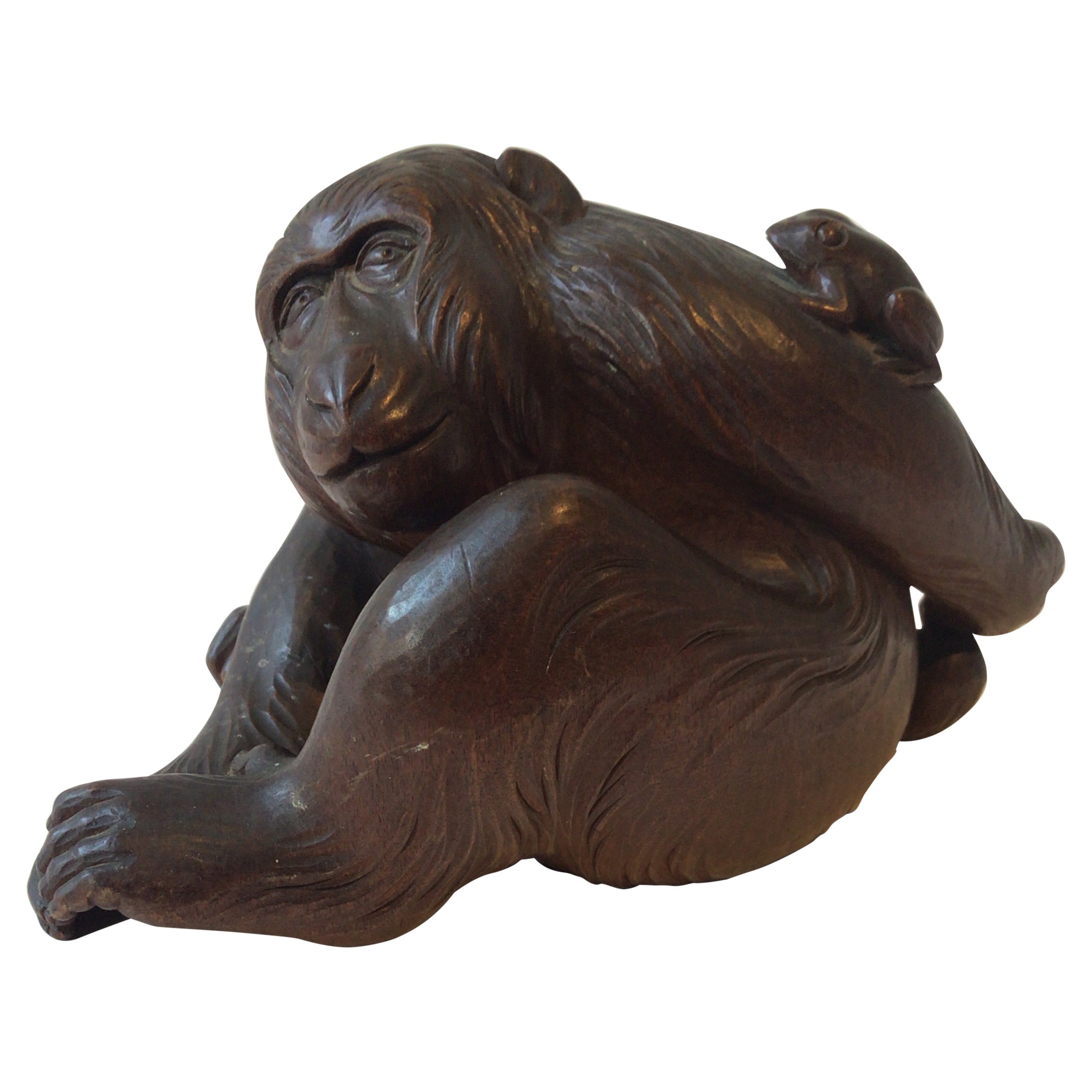 1940s Carved Wood Monkey with Frog