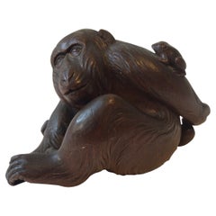 Vintage 1940s Carved Wood Monkey with Frog