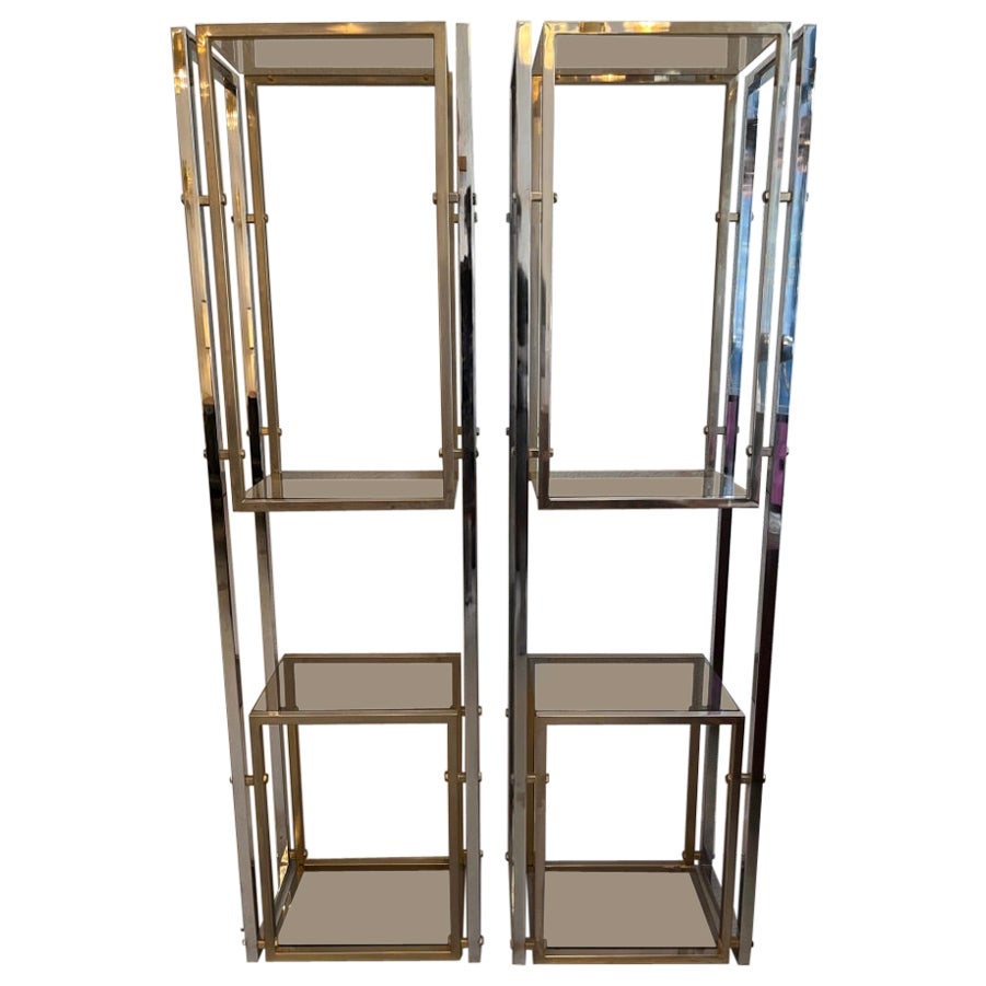 Vintage Pair of Brass, Chrome & Glass Shelves, Italy, Ca. 1970s