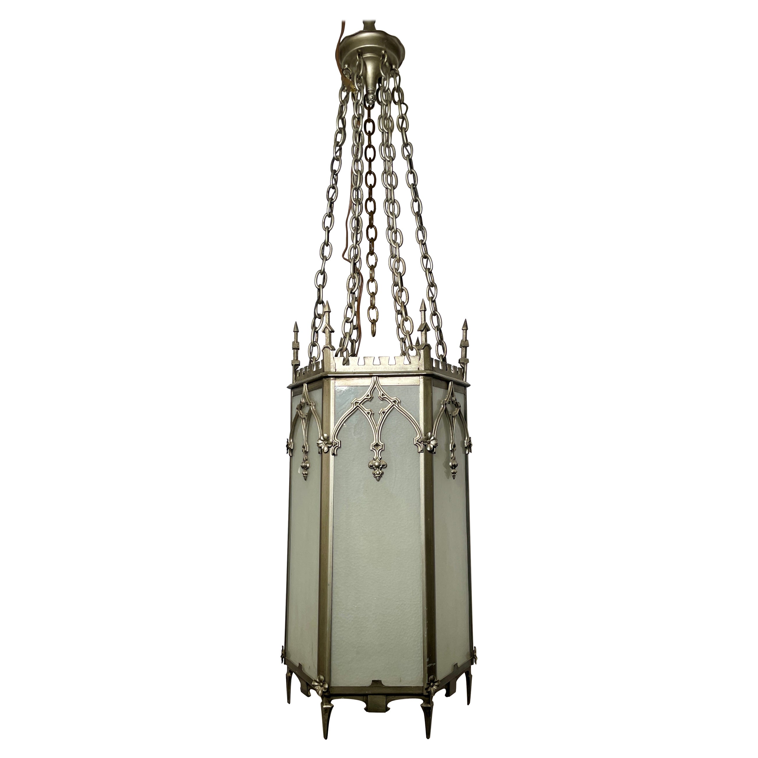 Antique Gothic American Iron Hall Lantern, Circa 1900-1910