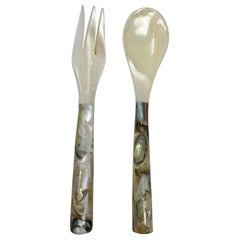 Retro Set of Estate Mother of Pearl with Composite Handles Caviar Serving Spoon & Fork