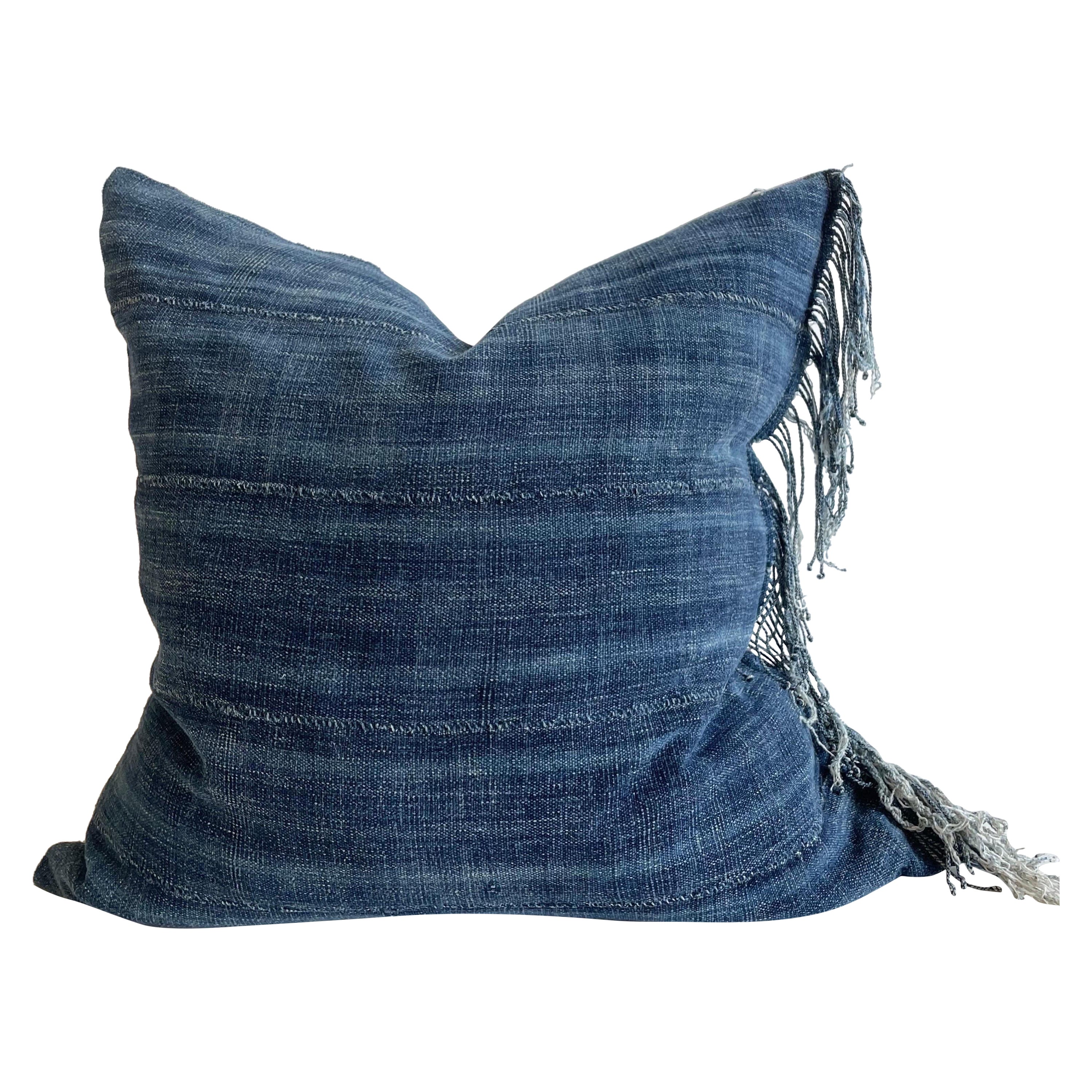 Antique Indigo Blue Stripe Pillow with Original Fringe and Down Insert Right