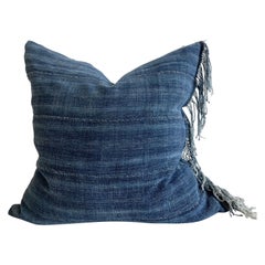 Vintage Indigo Blue Stripe Pillow with Original Fringe and Down Insert Right