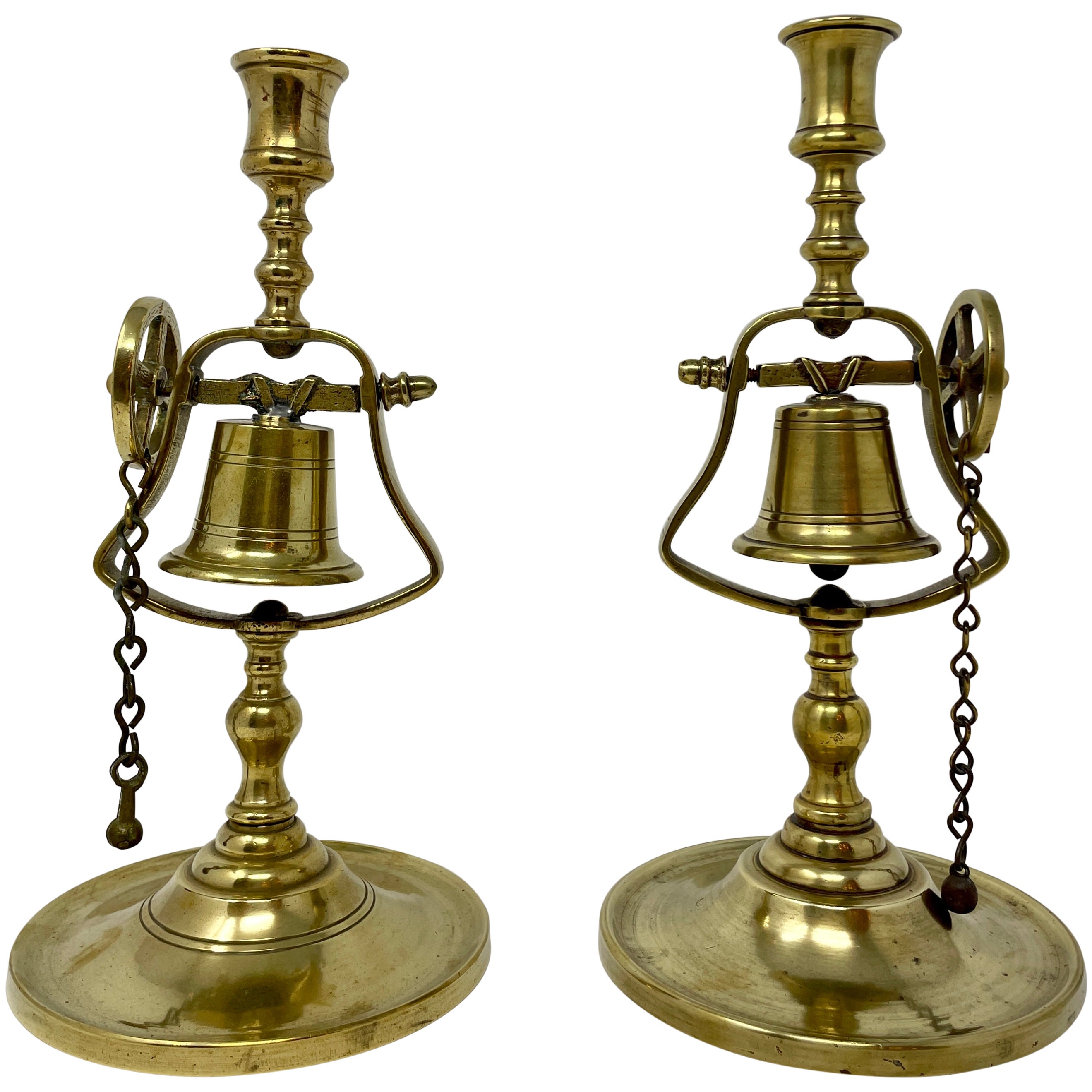 Pair Antique English Victorian Brass Pub Candlesticks with Service Bells Ca 1890