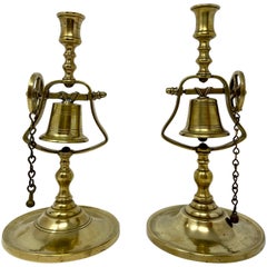 Pair Antique English Victorian Brass Pub Candlesticks with Service Bells Ca 1890