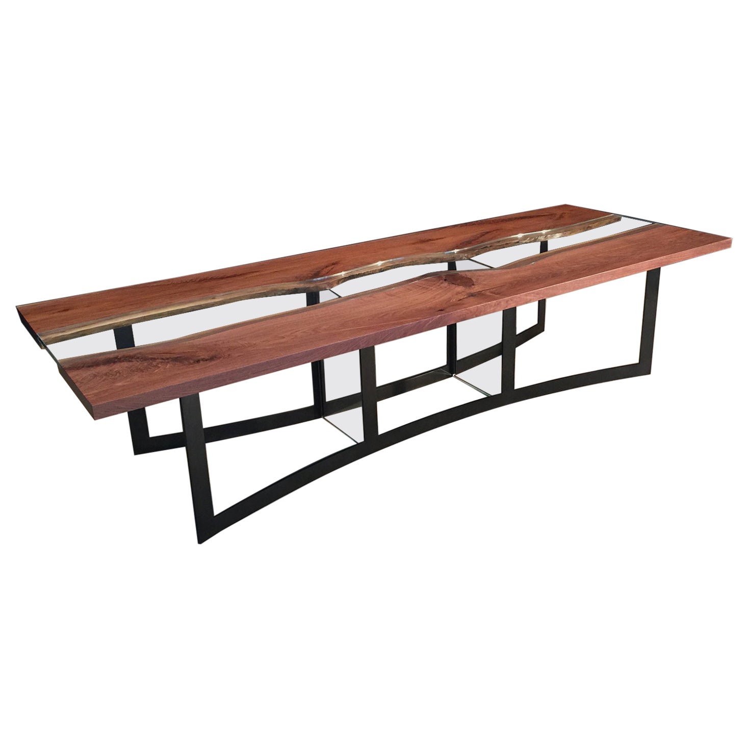 Modern Black Walnut Live Edge River Dining Table with Blackened Metal Legs