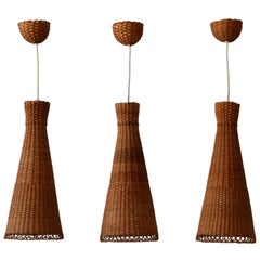Set of Three Lovely Mid-Century Modern Rattan Diabolo Pendant Lamps, 1960s