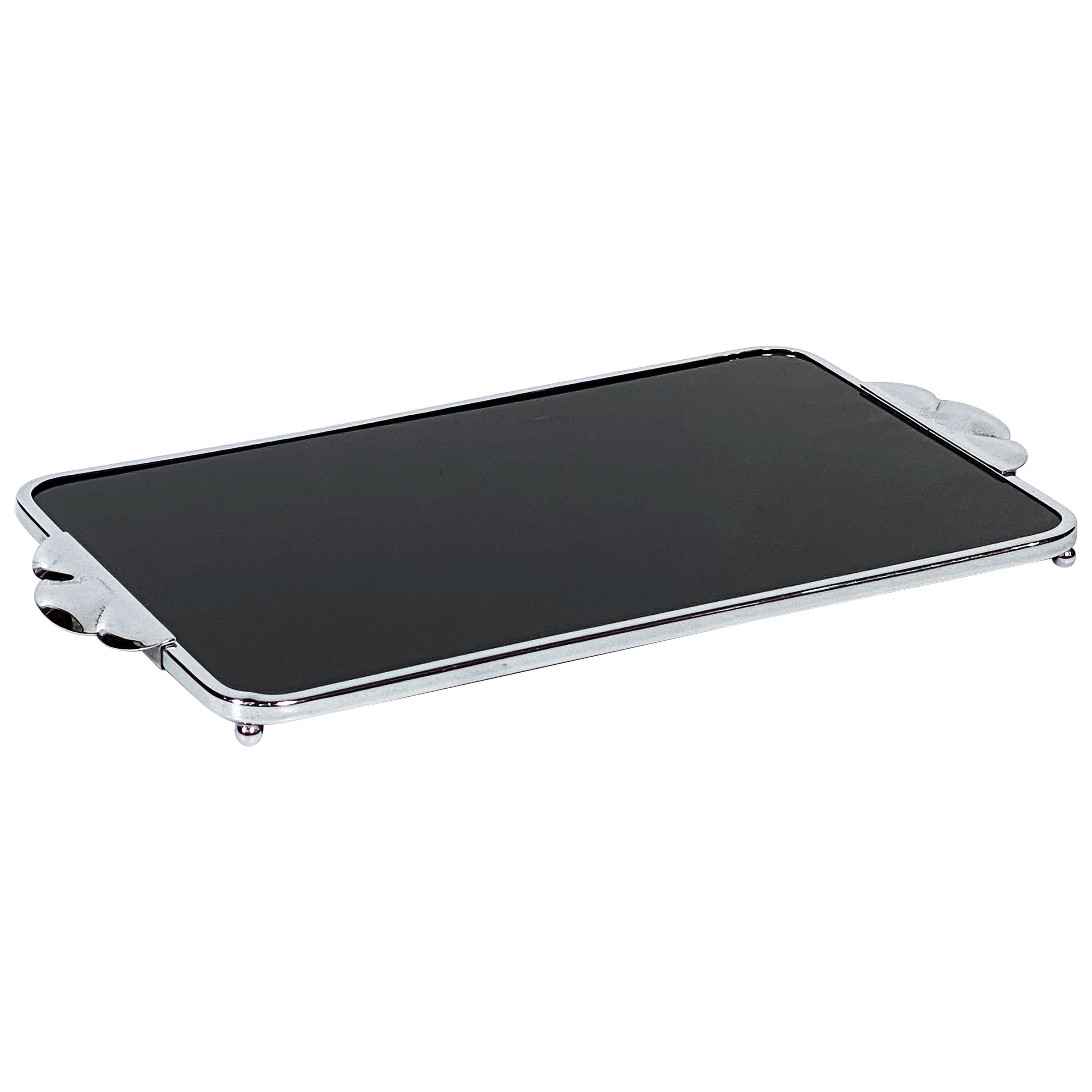 Art Deco Chrome and Black Glass Rectangular Serving Tray from England For Sale