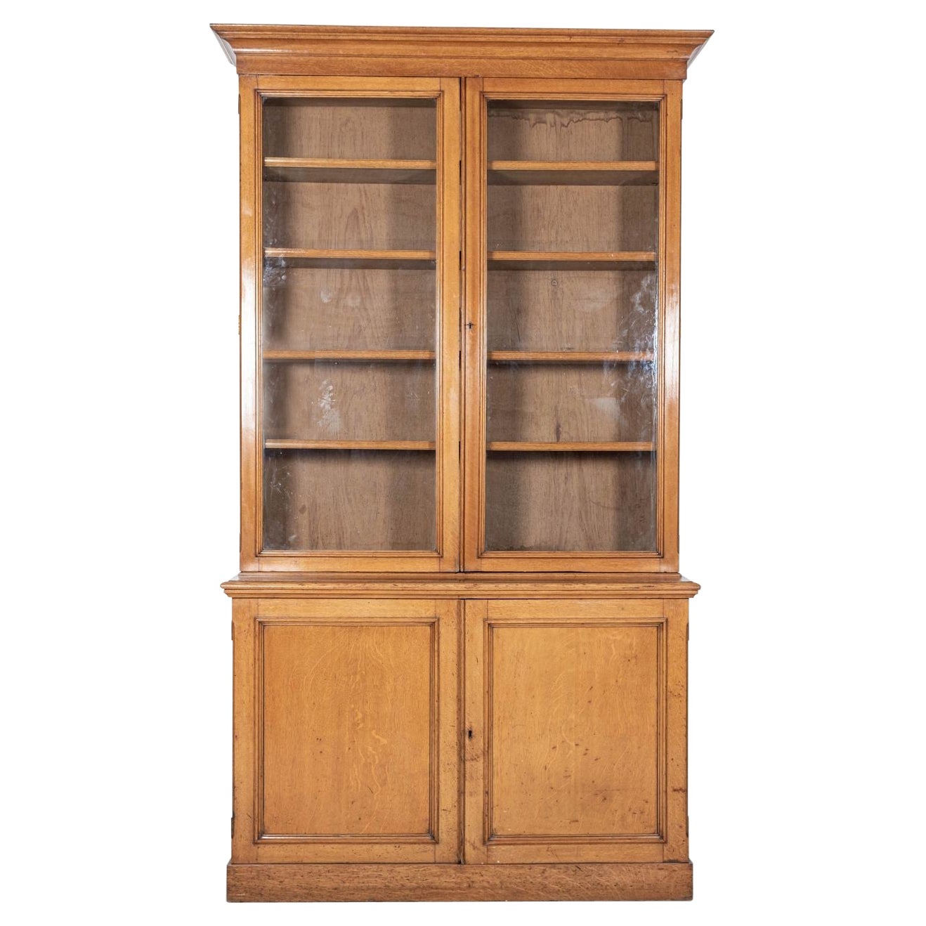 19thC English Glazed Oak Bookcase Cabinet