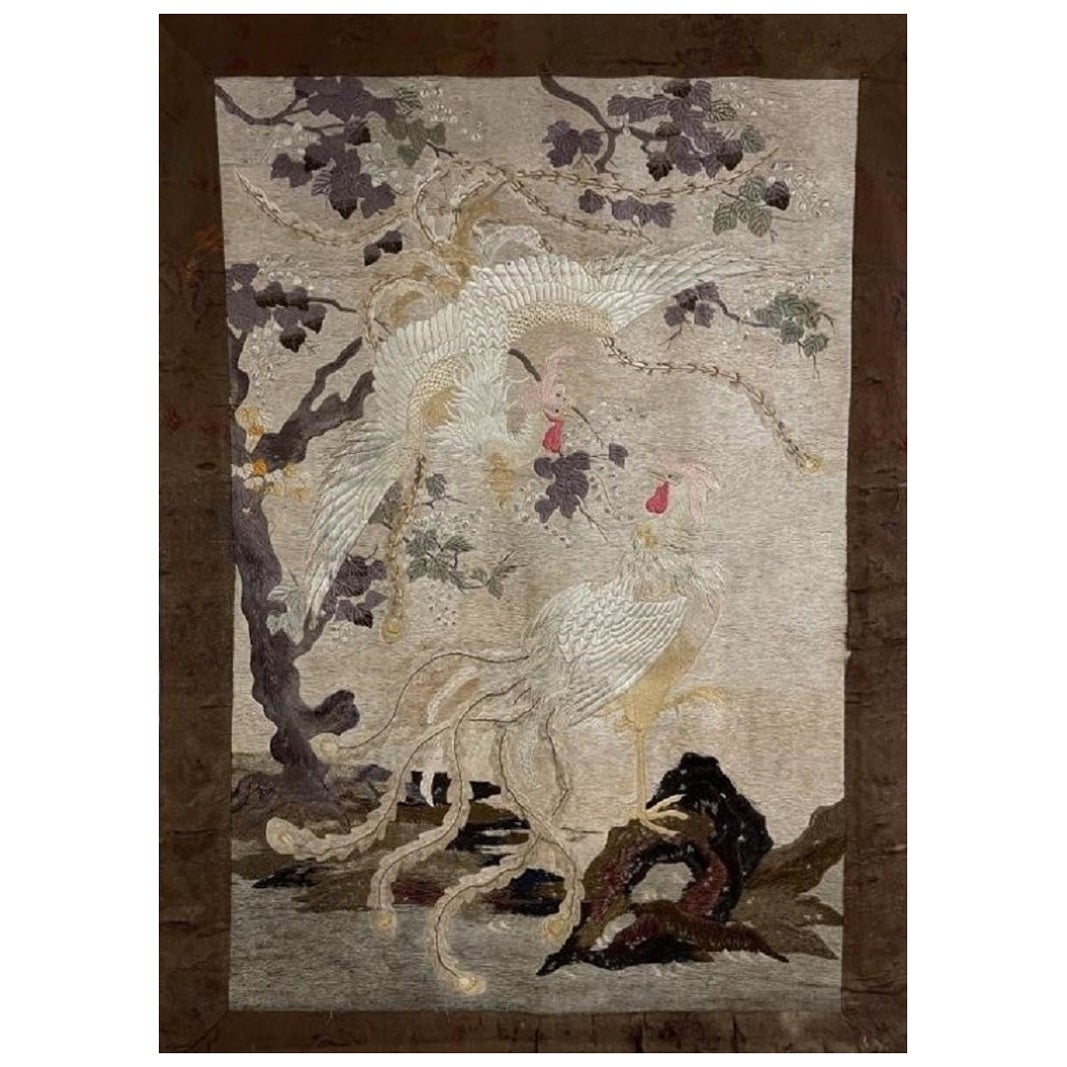 19th Century Japanese Silk Embroidered Tapestry with Gold Hammered Silk Thread For Sale