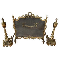 Late 19th Century Bronze Fireplace Screen and Andirons